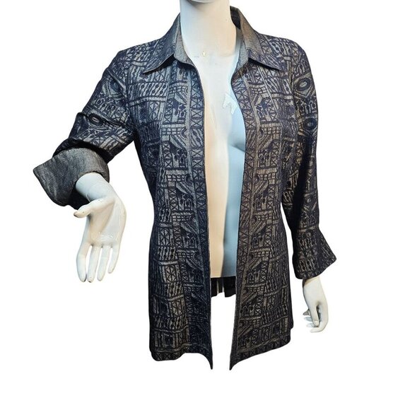 Linda Allard Ellen Tracy Embroider Open Jacket Womens S Navy on Gray Linen Blend - Picture 1 of 12
